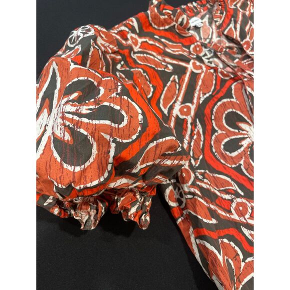 ~Rare The Odells Med Boho Top Vneck Tie Ruffle Short Balloon Sleeve Brown Rust - Picture 5 of 16